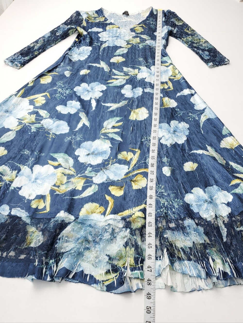 Komarov Lace Sleeve Charmeuse & Chiffon Blue Floral Evening Cocktail Dress PXL - Picture 4 of 14